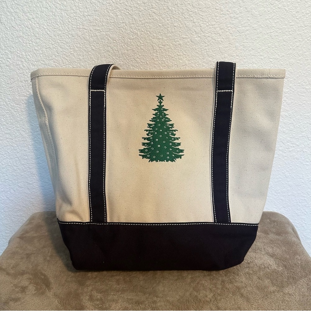 LandsEnd Medium Black 5 Pocket ZipTop Canvas Tote Bag Christmas Tree Embroidered